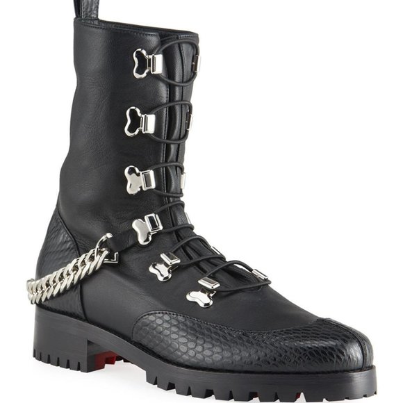 Christian Louboutin HORSE GUARDA Leather Chain Short Flat Combat Boots